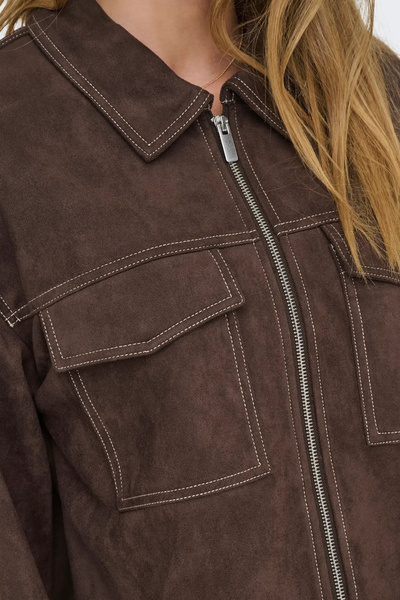ONLY Дамско яке с двойни джобове и цип от велур 15351260 Кафяво
