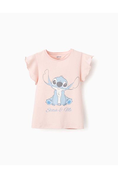Ziddy Cotton T-Shirt with Ruffles for Girls ‘Stitch’, Light Pink