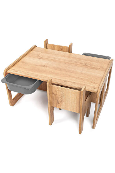 Industrial Living 2 Kişilik Çocuk Masası – Ceviz MDF - Gri Çekmeceli