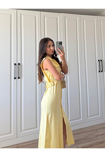 solena sln Kadın Düğmeli Keten Kemer Detaylı Uzun Sarı Elbise - BUTTER YELLOW ELBİSE