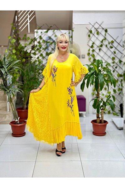 Punta Otantik VL7795 Dantel Detay Çiçek Baskılı Vual Elbise Sarı