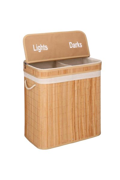 SERSIMO Cos de rufe din bambus cu capac, 2 compartimente, sac detasabil, volum 100L, 53x32x62cm, maro