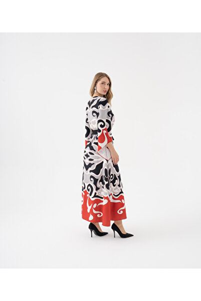 SERPİL Retro Desenli Kuşaklı Oversize Elbise