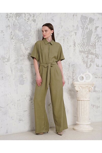 hibiscus Belted Shirt Collar Loose Overalls Khaki S255822