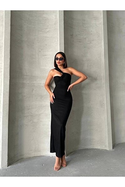 hibiscus Crinkle One Shoulder Long Dress Black S25455