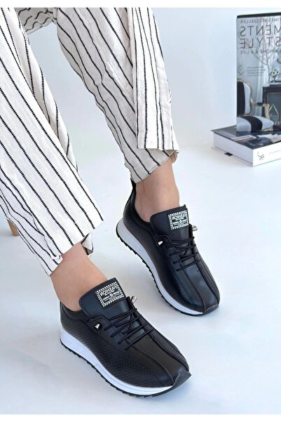 hibiscus Fiert Black Leather Lace-Up Sports Shoes