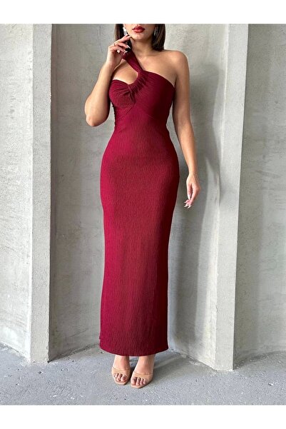 hibiscus Crinkle One Shoulder Long Dress Burgundy S25455