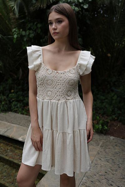 VAGGON Lace Embroidered Ruffled Sleeves Mini Dress