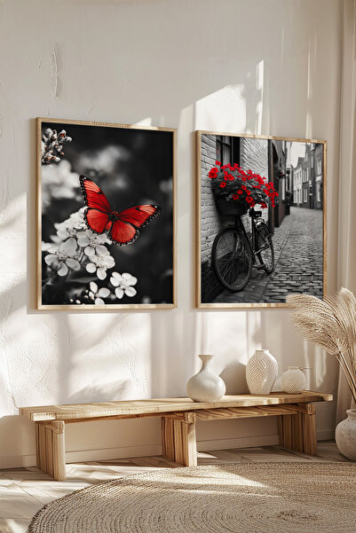 STARYUNA Set de 2 picturi cu flori de fluturi roșii cu rame din lemn Yuna245