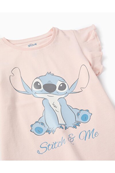 Ziddy Cotton T-Shirt with Ruffles for Girls ‘Stitch’, Light Pink