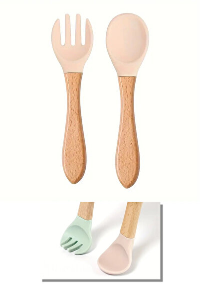 ARVALE Doğal Ahşap & Yumuşak Silikon Uçlu Bebek Mama Seti - Pembe