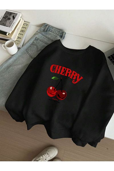 uyguntarz Unisex Happycherry Design Printed Sweatshirt