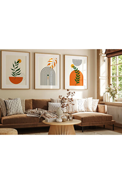 PAM STUDIO Turuncu ve Yeşil Tonlarda 3’lü Duvar Tablosu – Bitki ve Geometrik ...