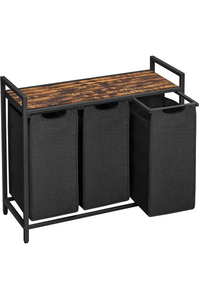 VASAGLE Cos de rufe, 3 compartimente, saci de rufe detasabili, raft, 93x33x72 cm, maro si negru