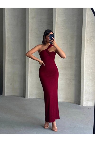hibiscus Crinkle One Shoulder Long Dress Burgundy S25455