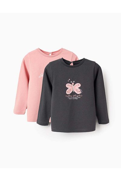 Ziddy Pack of 2 Long Sleeve T-shirts for Baby Girls, Pink/Grey