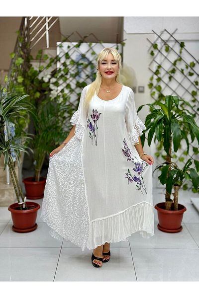 Punta Otantik Vl7795 Lace Detail Floral Printed Voile Dress White