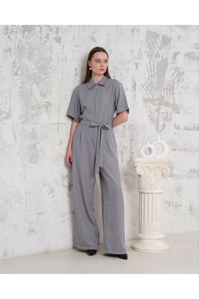 hibiscus Belted Shirt Collar Loose Overalls Gray S255822
