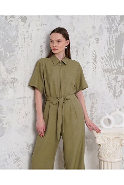 hibiscus Belted Shirt Collar Loose Overalls Khaki S255822