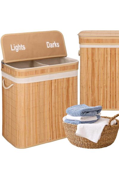 SERSIMO Cos de rufe din bambus cu capac, 2 compartimente, sac detasabil, volum 100L, 53x32x62cm, maro