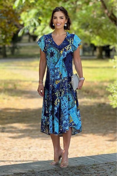 Nevin Kaya Moda Rochie Afitap cu model chihlimbar albastru