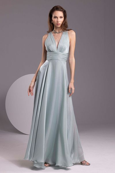 DORİDORCA Women's Deep V Neck Chiffon Long Evening Dress 7065 Lemon Mold