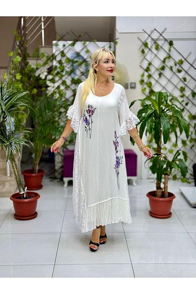 Punta Otantik Vl7795 Lace Detail Floral Printed Voile Dress White
