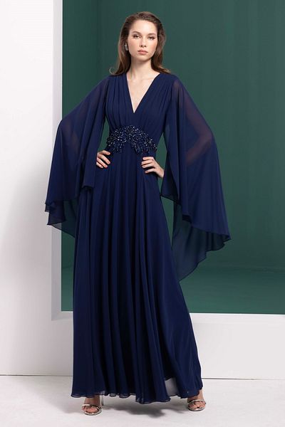 DORİDORCA Women's Sleeves Transparent Waist Stone Maxi Evening Dress 7011 Navy Blue