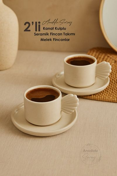 Anadolu Saray Ceramic Cup Set with Wing Handle – Set of 2 Turkish Coffee Cups