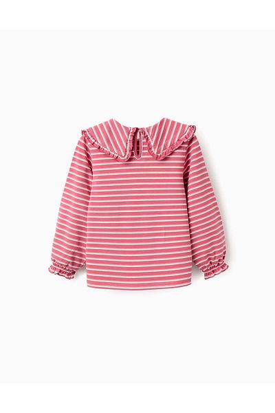 Ziddy Striped T-shirt with Maxi Collar and Frill Contour for Girls, Pink/White