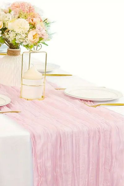 Hobi Goom Pink Chiffon Draped, Wrinkled Textured Decorative Fabric Bohemian Table Runner |   180X80Cm