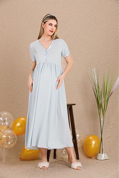 Lady Lingerie Short Sleeve, Button Collar Maternity-Nursing Nightgown