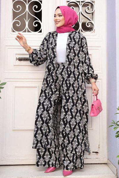 N.S NEVA STYLE Patterned Black Hijab Double Kimono Set 12888S