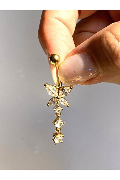 kurukafagift Çelik Göbek Piercing Kelebek Zirkon Taşlı Sallantılı Üç Sıralı
