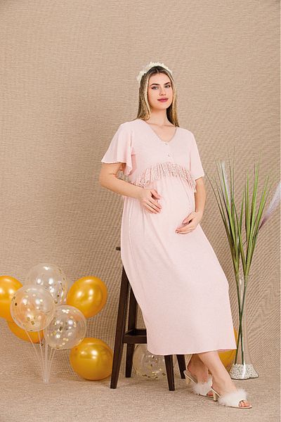 Lady Lingerie Short Sleeve, Button Collar Maternity-Nursing Nightgown