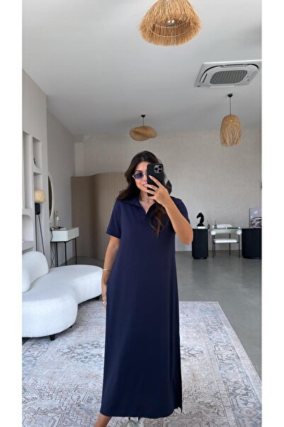 Buket Teke Lacivert Yakalı Uzun Modal Elbise