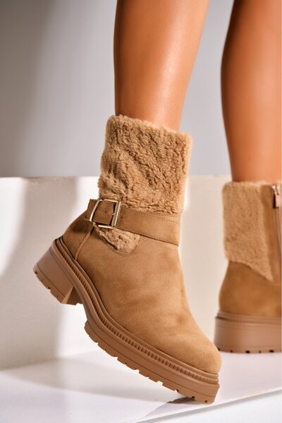 Joana Γυναικείες Μπότες με Γούνα Camel από Οικολογικό Δέρμα Suede Alicea