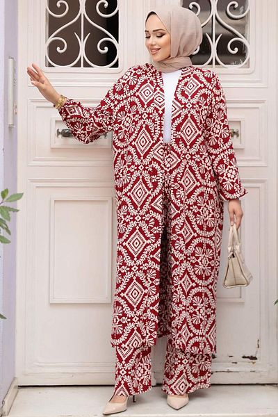 N.S NEVA STYLE Patterned Burgundy Hijab Double Kimono Set 12889Br