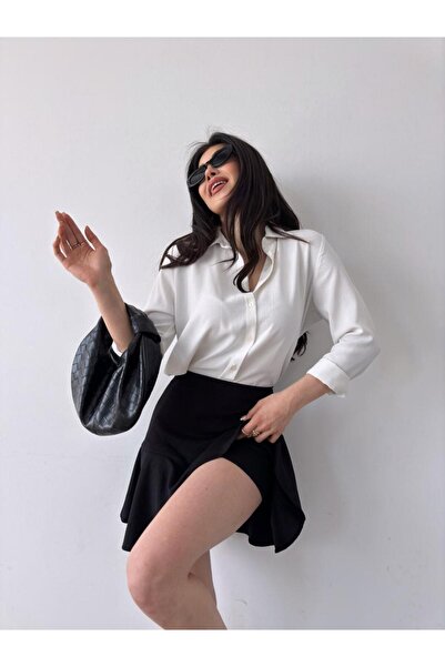 NO979 Kadın Siyah Esnek Şortlu Volanlı Pileli Viskon Kloş Şort Etek