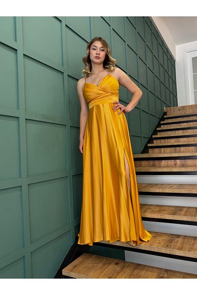 AYHAN Satin Long Evening Dress with Slit and Thin Straps