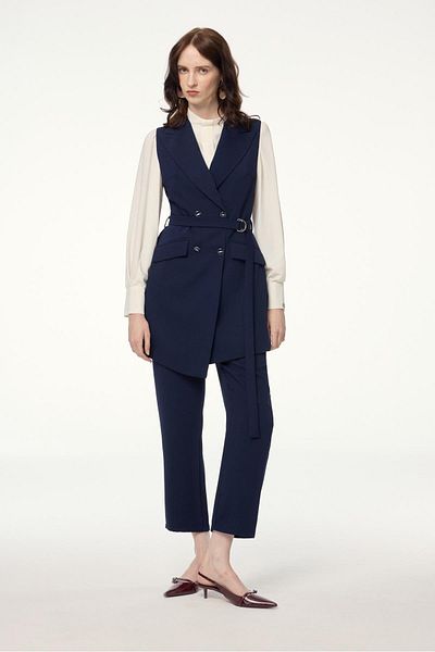 Zühre Double-Breasted navy blue triple combination set with collar belt tk-0911