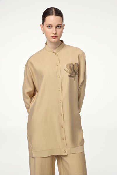 Zühre Beige Double Suit with Stand Collar Processing Detail Tk-1610
