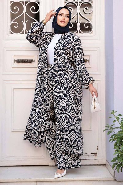 N.S NEVA STYLE Patterned Navy Blue Hijab Double Kimono Set 12889L
