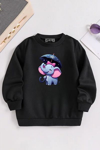 CLAYES Children's Black Crew Neck Elephant Printed, Winter Thick Raised Fabric