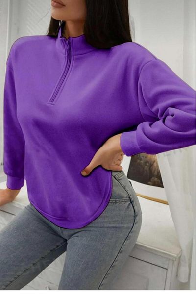 NO 601 Women's Purple Half Zipper Stand Collar Patternless Sweatshirt