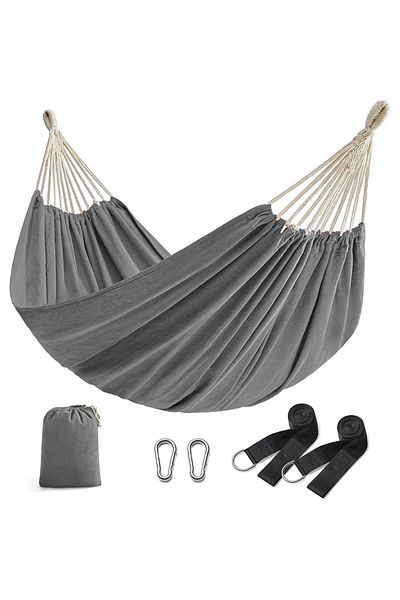 SONGMICS Double hammock, attachment accessories with straps and carabiners, 210x150 cm, 300 kg, gray