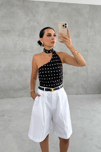Seda Yalçın Atelier Bluză neagră cu buline cu detaliu eșarfă