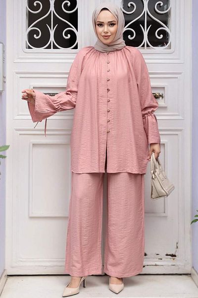 N.S NEVA STYLE Buttoned Salmon Hijab Double Set 30451Smn