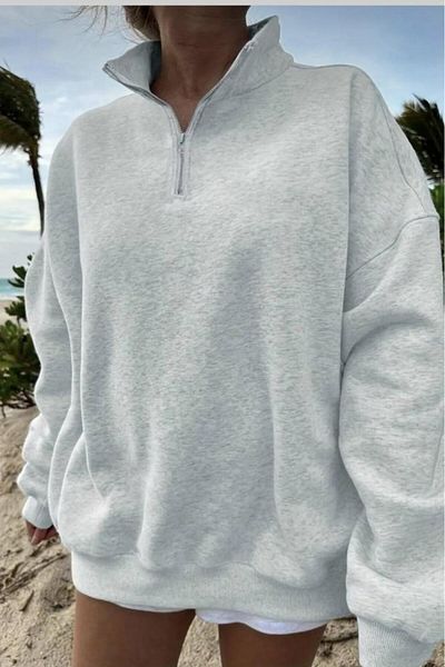 NO 601 Women's Gray Half Zipper Stand Collar Patternless Sweatshirt