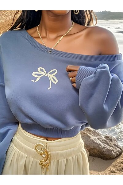 Machetta Kadın Fiyonk Baskılı Mavi Kayık Yaka Sweatshirt